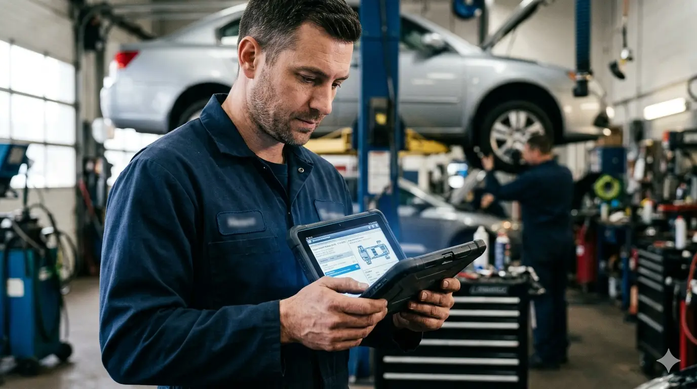 Mechaniker am Tablet